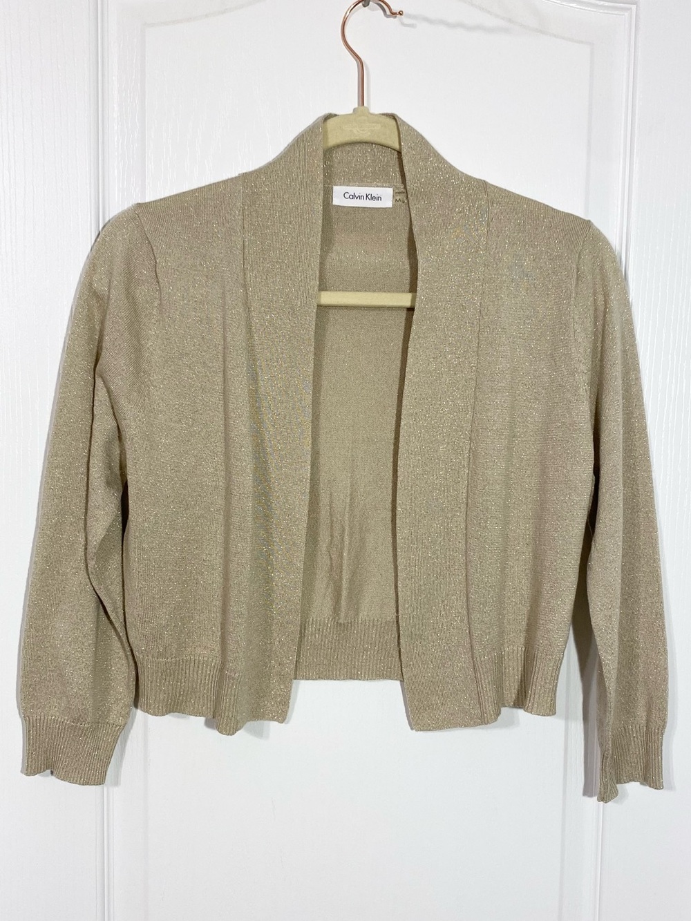 Calvin Klein Gold Metallic Knit Cropped Open Front Cardigan Size Medium